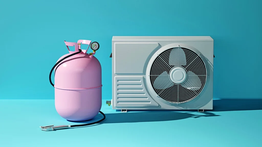 Air conditioning condenser unit displayed beside a refrigerant cylinder and gauge hose against a blue background. Best for blogs about AC refrigerant, refrigerant recharge, refrigerant replacement, AC service and refrigerant handling, cooling system maintenance, and refrigerant types in air conditioners.