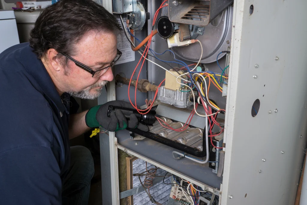 Furnace blower motor making rattling noise during heating in Vacherie LA: technician inspecting internal components